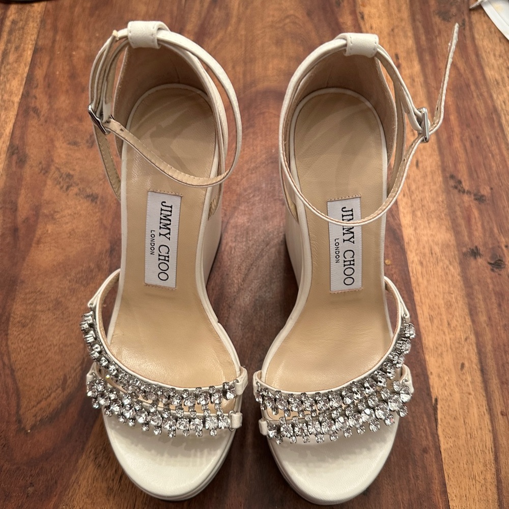 Jimmy Choo Ivory Crystal-Embellished Wedge Sandals